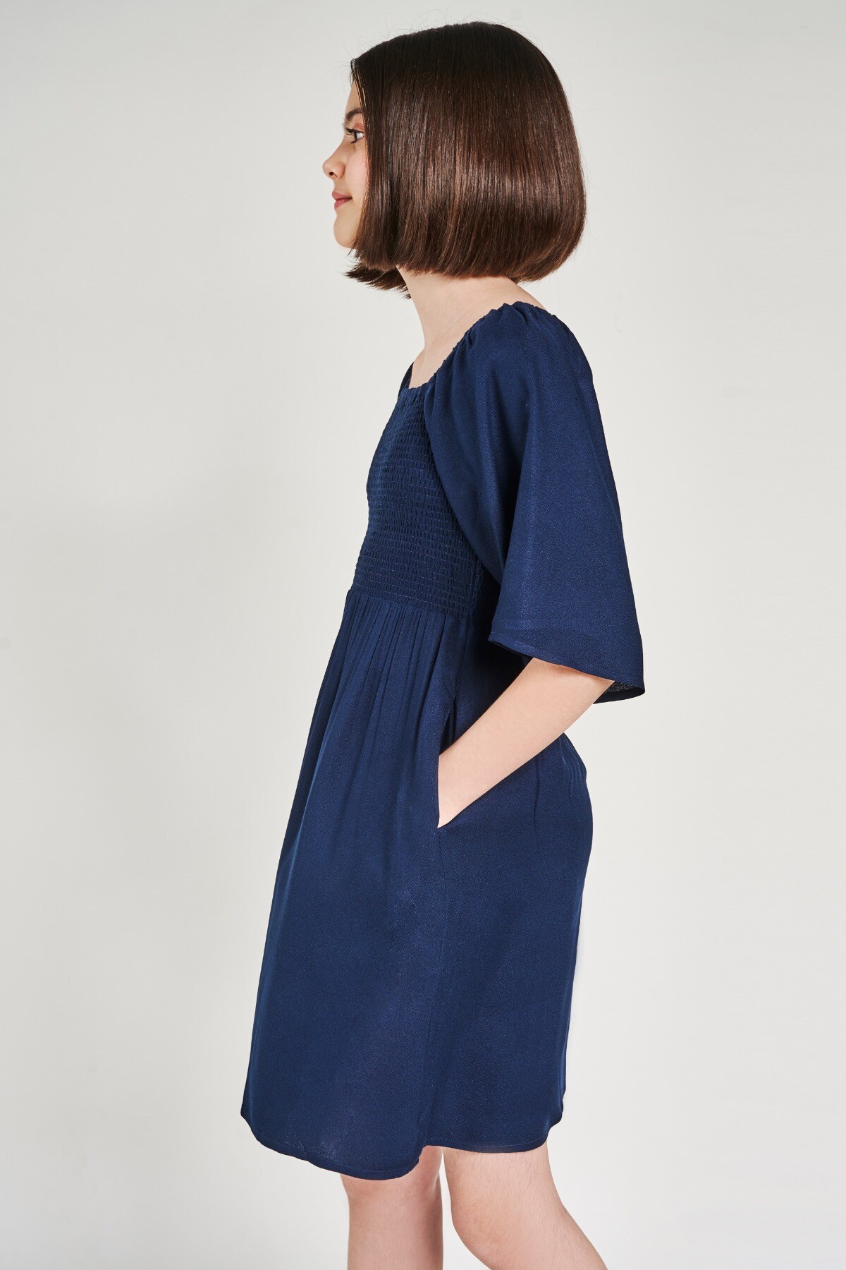 6 - Navy Blue Geometric Off Shoulder Dress, image 6