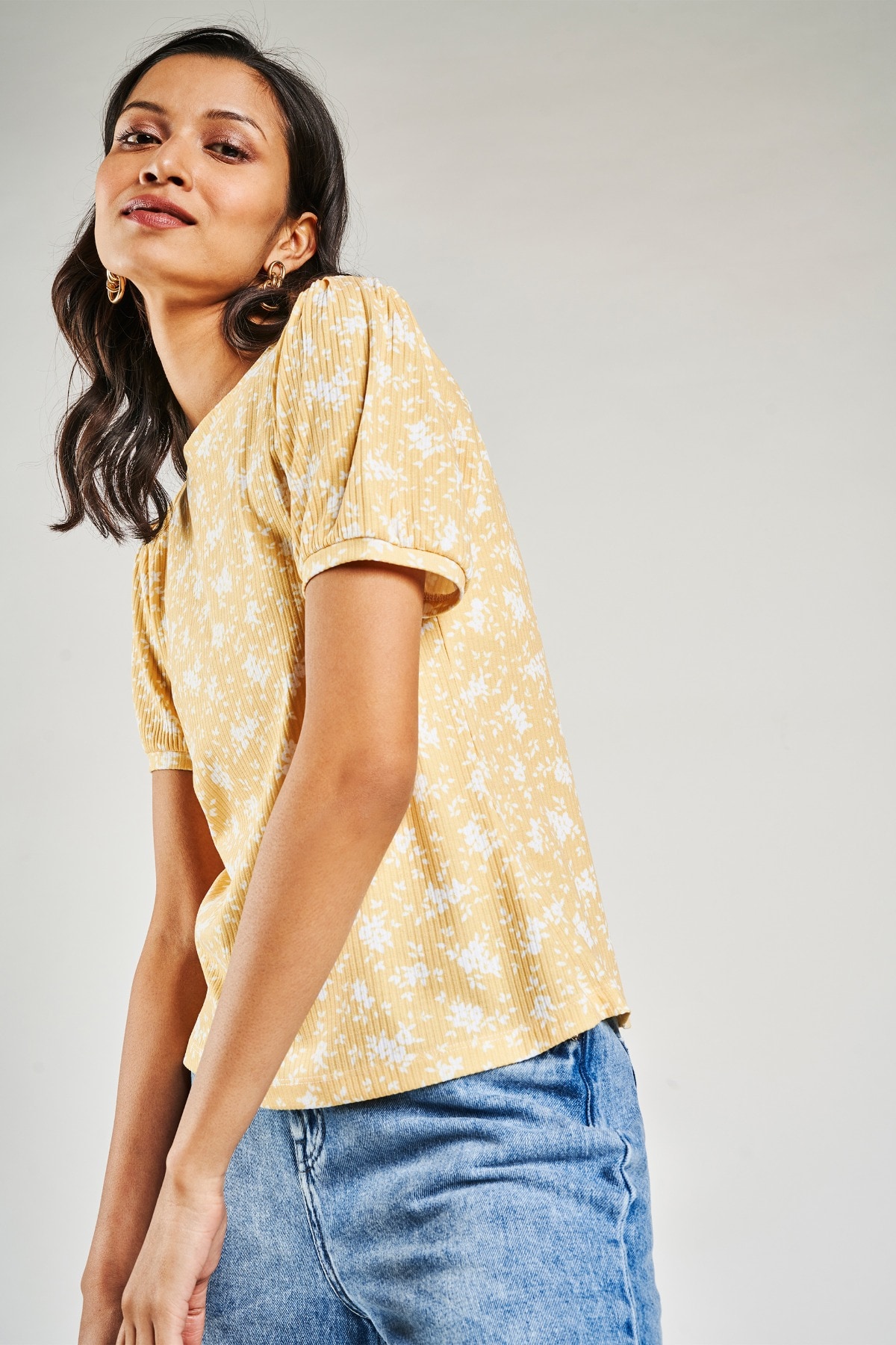 1 - Yellow Floral Printed A-Line Top, image 1