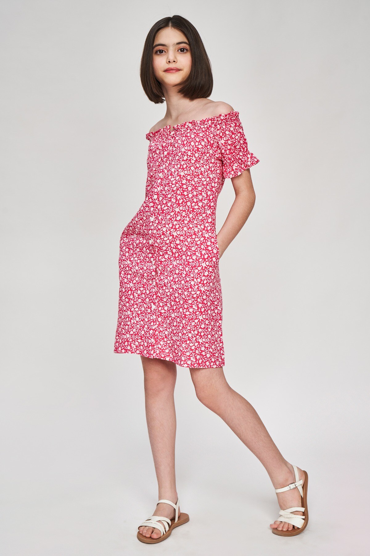 3 - Pink Floral Printed Fit And Flare Dress, image 3